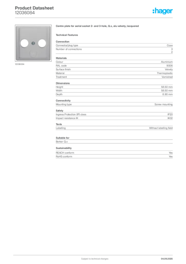 Image Hager Product data sheet 12036084  | Hager
