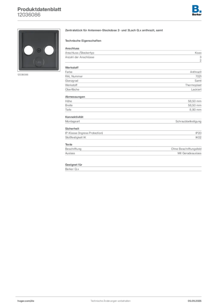 Bild Berker Produktdatenblatt 12036086 | Hager Deutschland