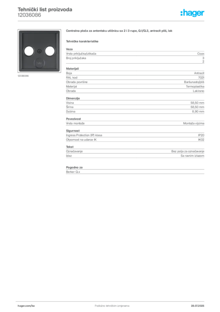 Slika Hager Product data sheet 12036086  | Hager