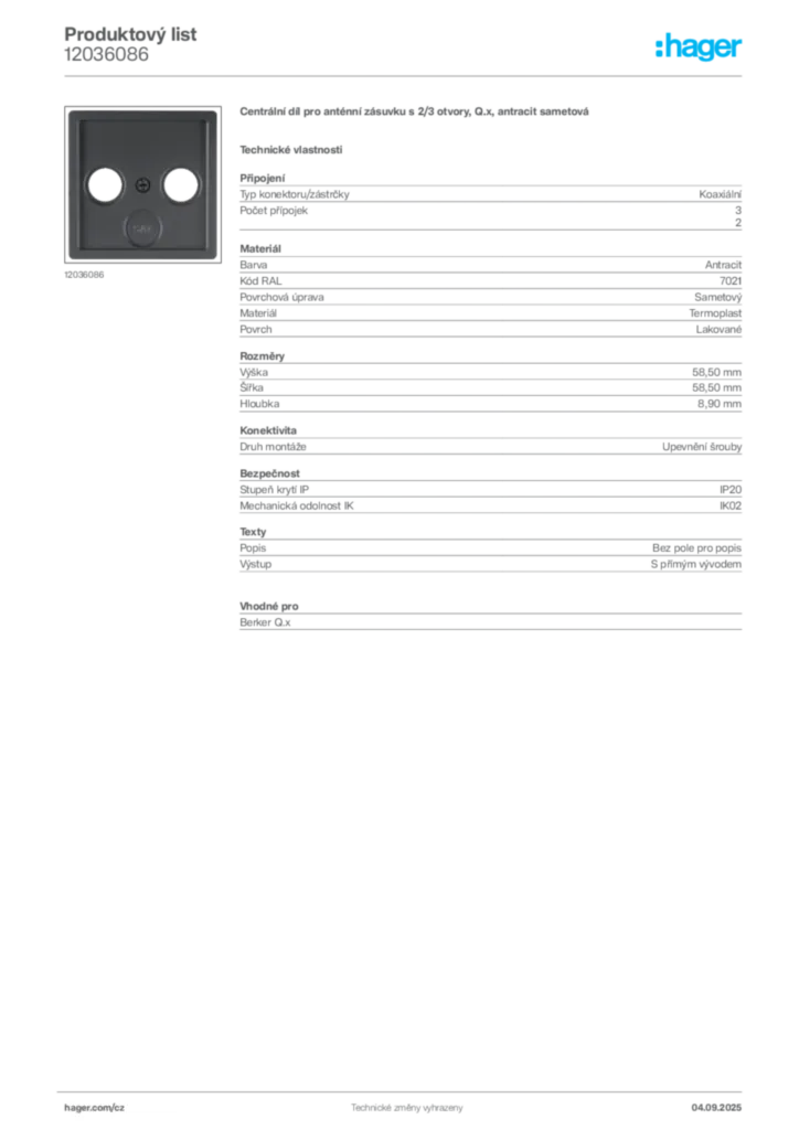 Obrázek Hager Produktový list 12036086 | Hager