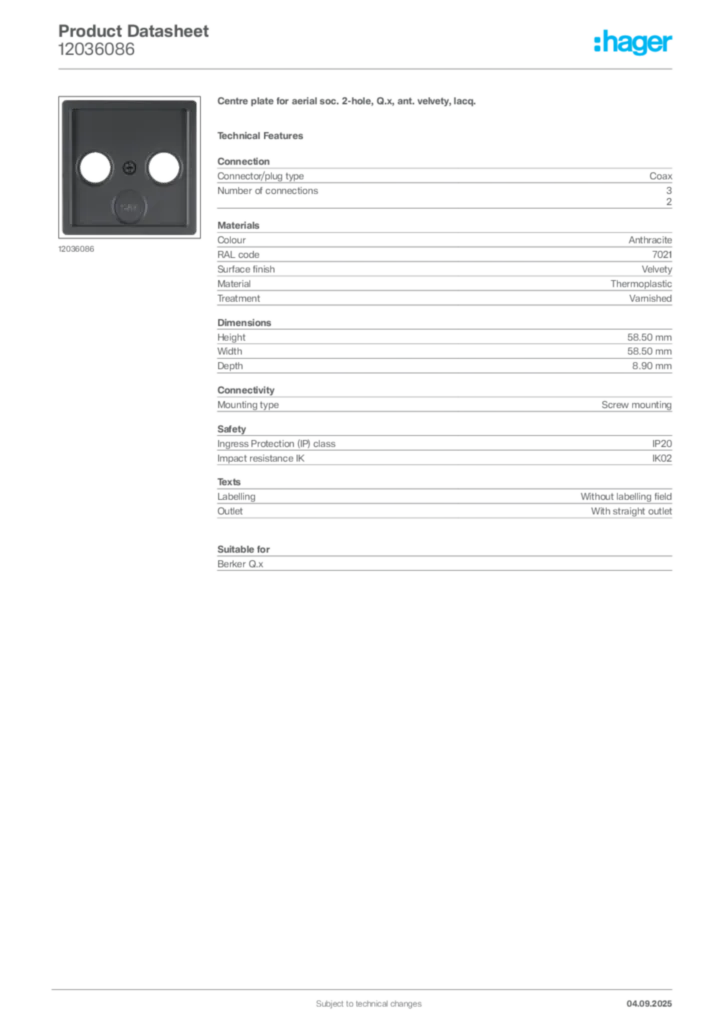 Image Hager Product data sheet 12036086  | Hager