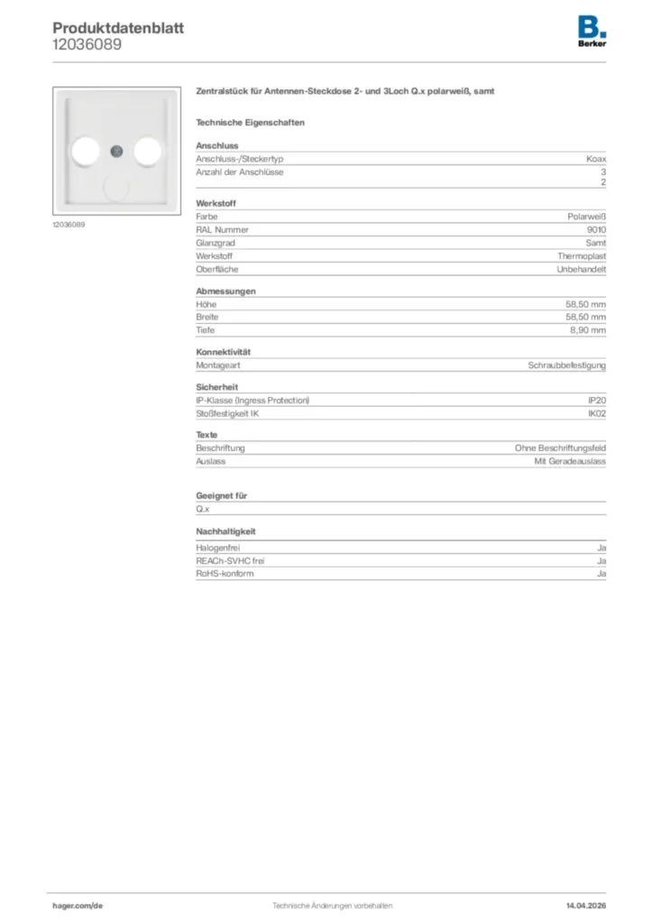 Bild Berker Produktdatenblatt 12036089 | Hager Deutschland