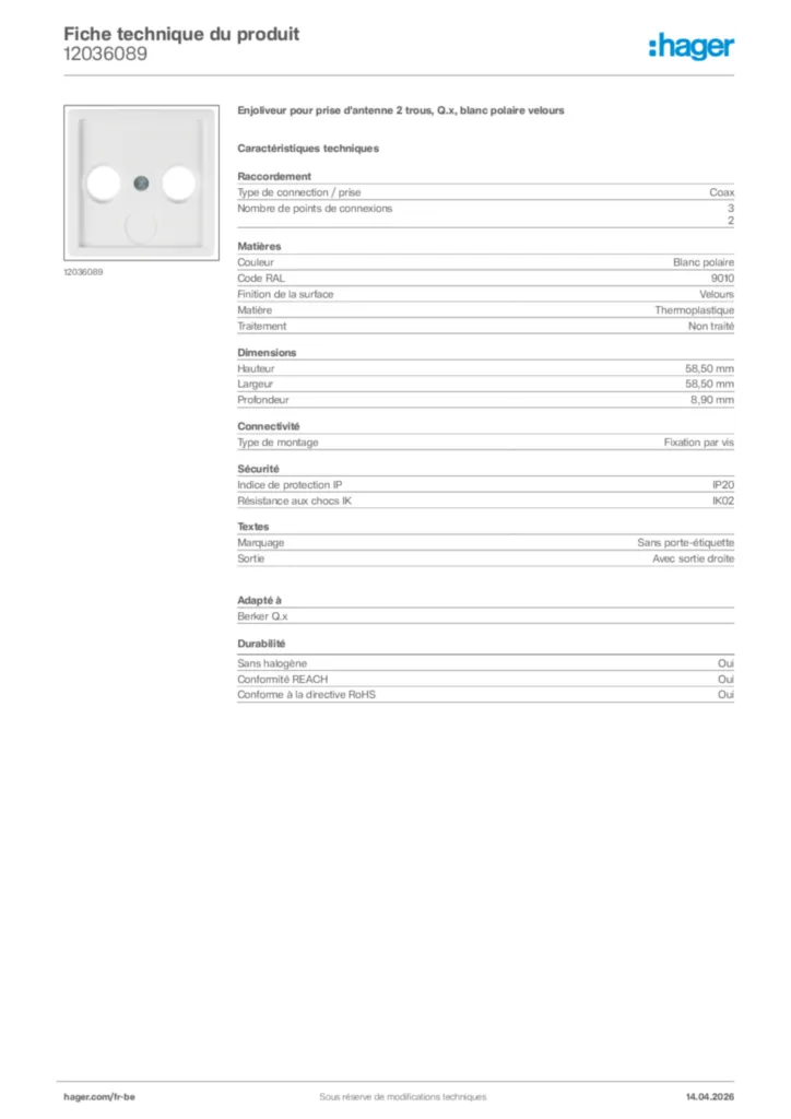 Image Hager Fiche technique du produit 12036089 | Hager Belgique