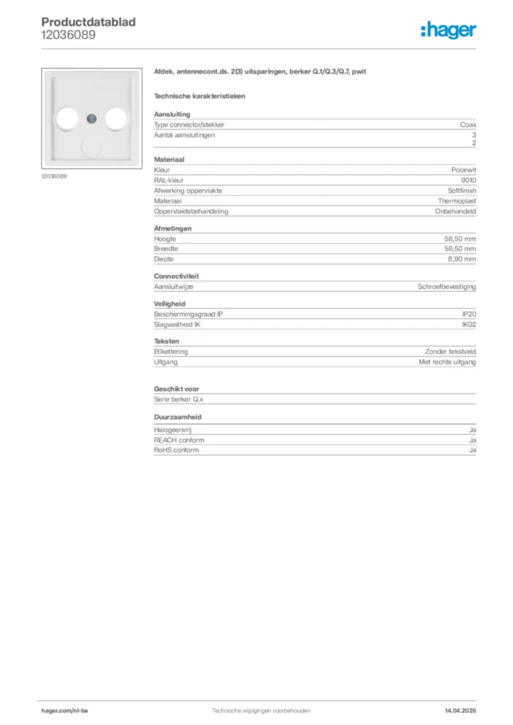 Afbeelding Hager Productdatablad 12036089 | Hager Belgium