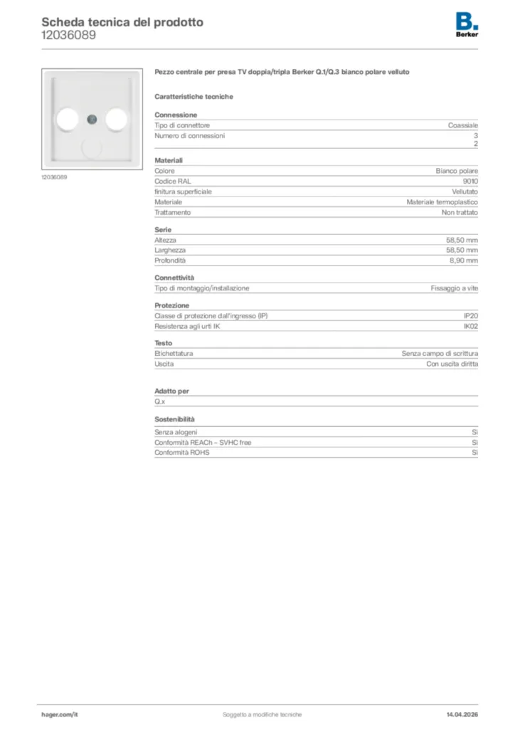 Immagine Berker Scheda tecnica del prodotto 12036089 | Hager Italia