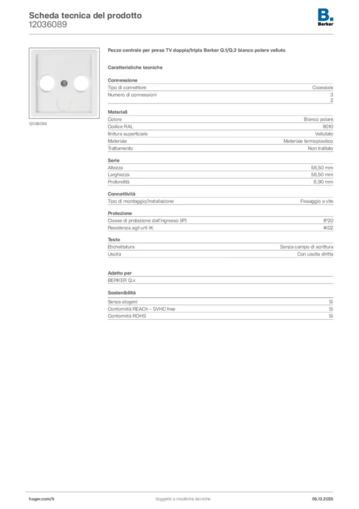 Immagine Berker Scheda tecnica del prodotto 12036089 | Hager Italia