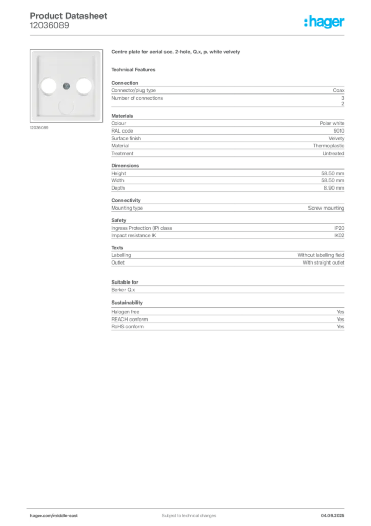 Image Hager Product data sheet 12036089  | Hager