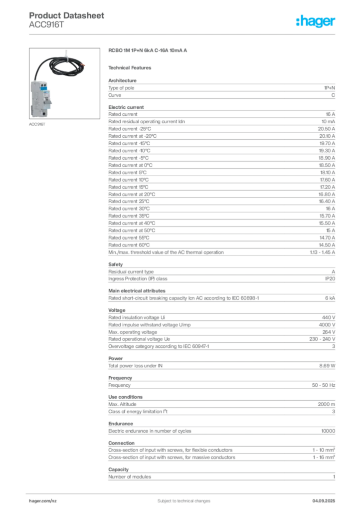 Image Hager Product data sheet ACC916T  | Hager New Zealand
