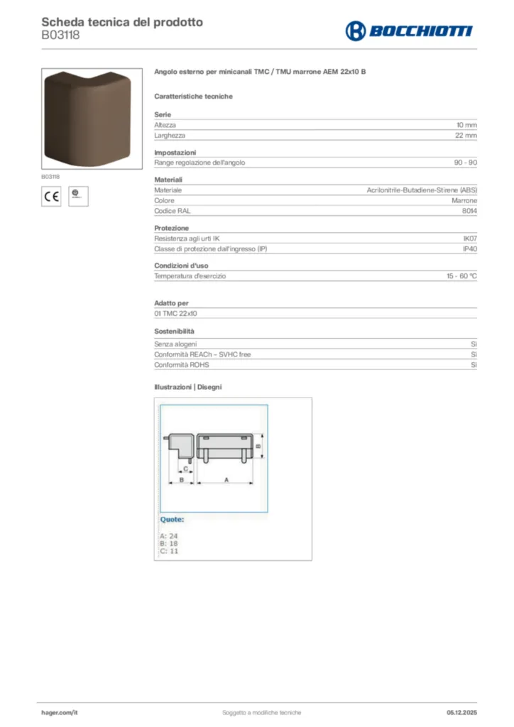 Immagine Bocchiotti Scheda tecnica del prodotto B03118 | Hager Italia
