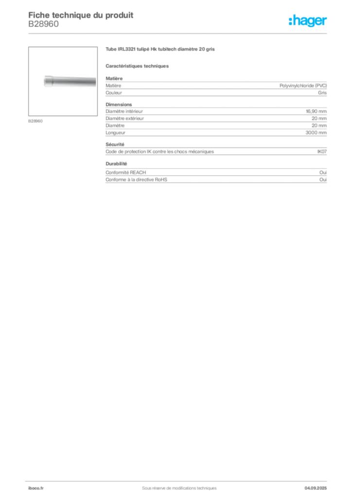 Image Iboco Fiche technique du produit B28960 | Hager France