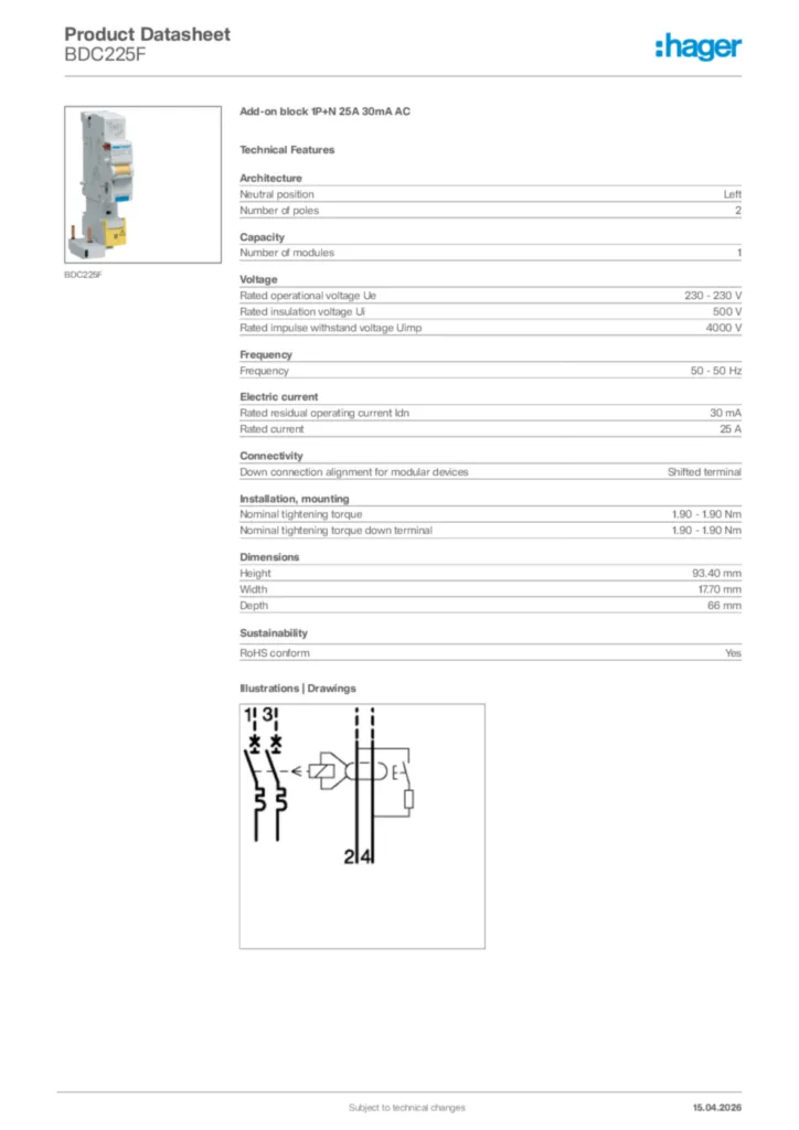 Image Hager Product data sheet BDC225F  | Hager Africa