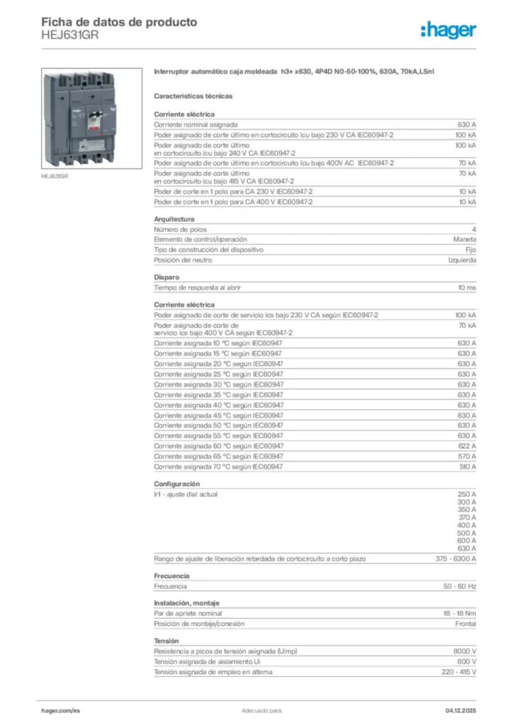 Imagen Hager Ficha de datos de producto HEJ631GR | Hager España