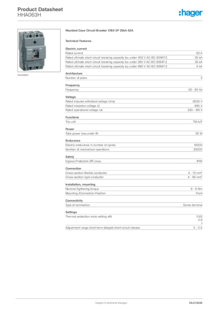 Image Hager Product data sheet HHA063H  | Hager Africa