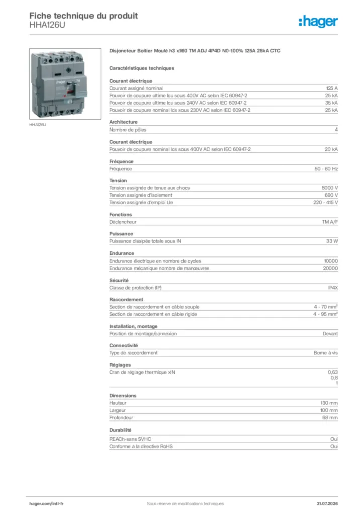 Image Hager Fiche technique du produit HHA126U | Hager Afrique