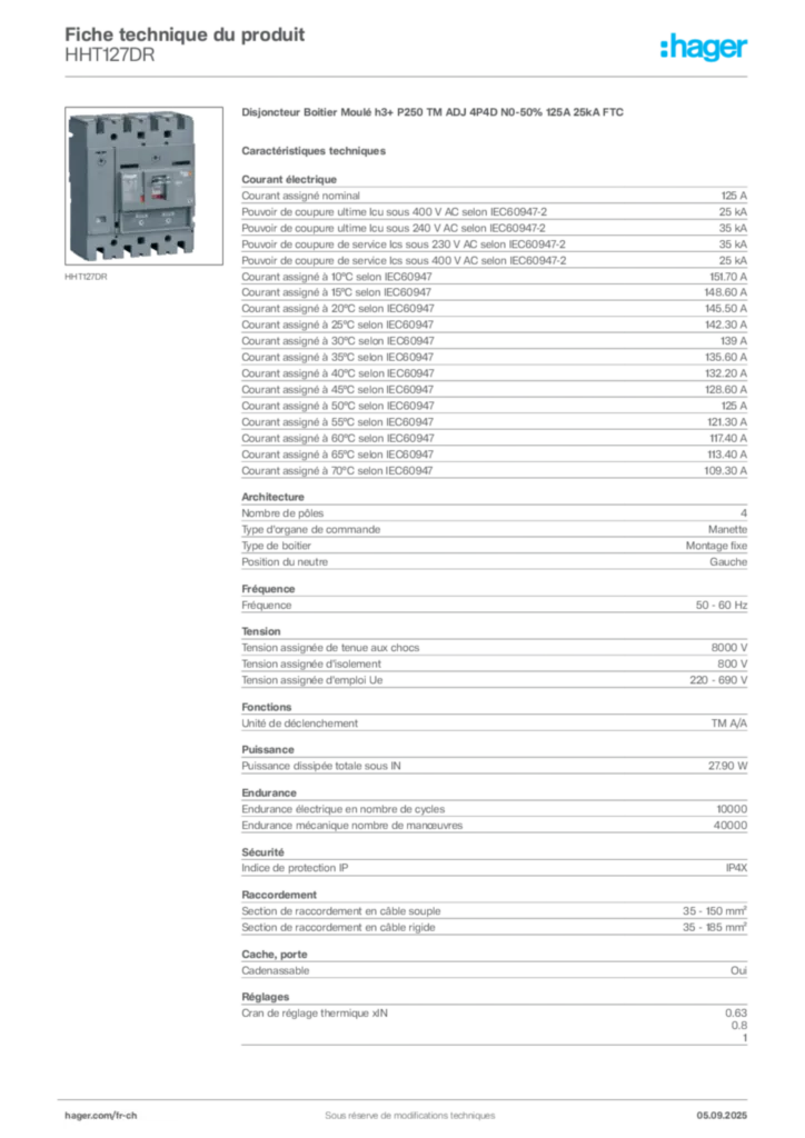 Image Hager Fiche technique du produit HHT127DR | Hager Suisse