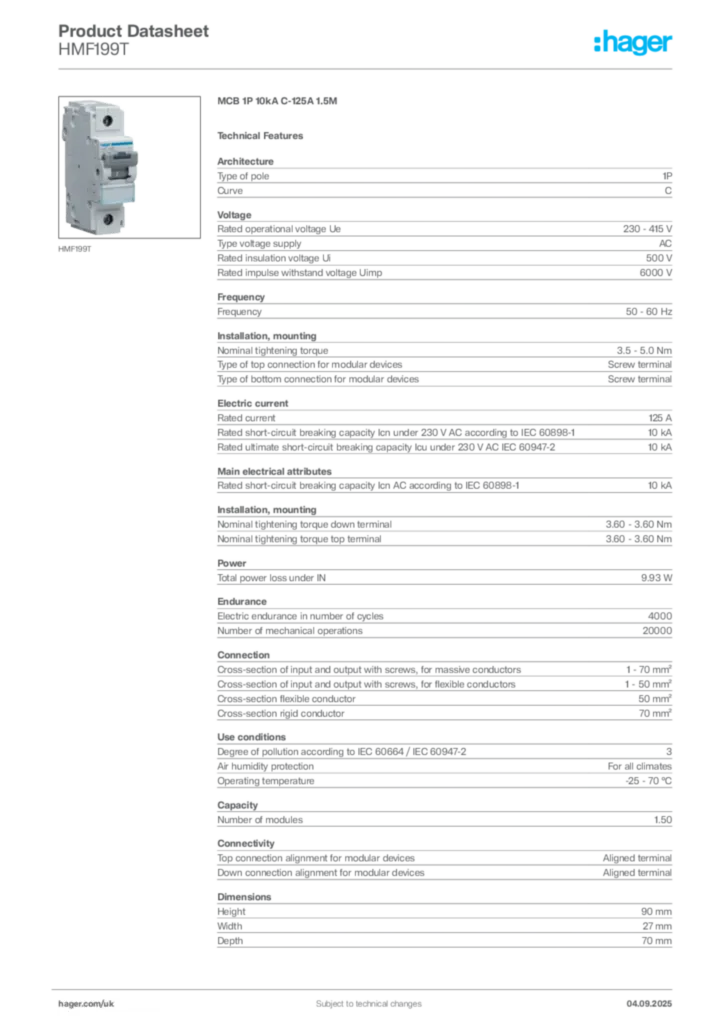 Image Hager Product data sheet HMF199T  | Hager