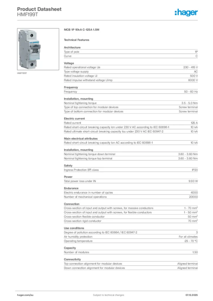 Image Hager Product data sheet HMF199T  | Hager Australia