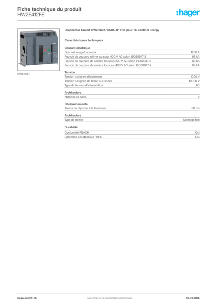 Image Hager Fiche technique du produit HW2E412FE | Hager Suisse