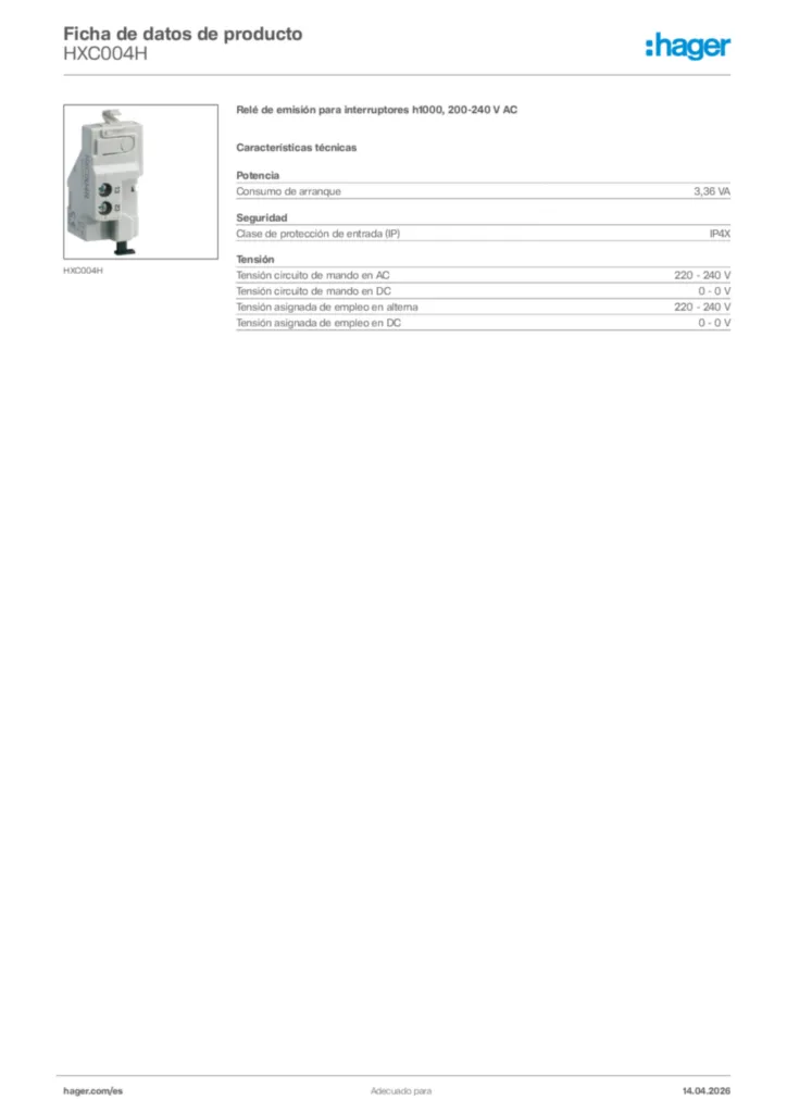 Imagen Hager Ficha de datos de producto HXC004H | Hager España