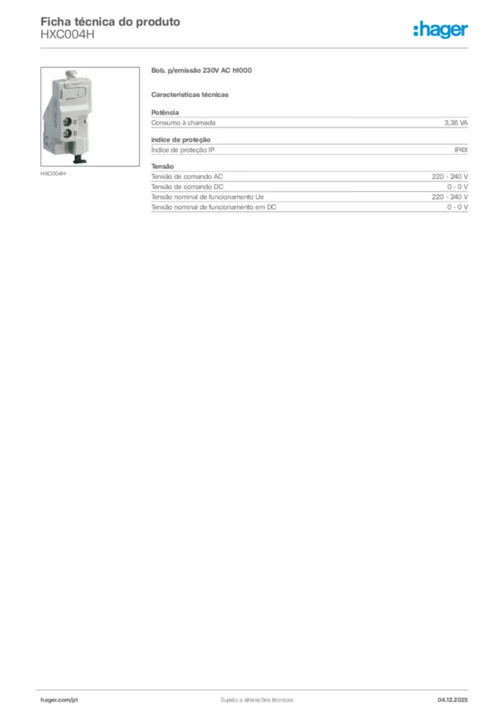 Imagem Hager Ficha técnica do produto HXC004H | Hager Portugal