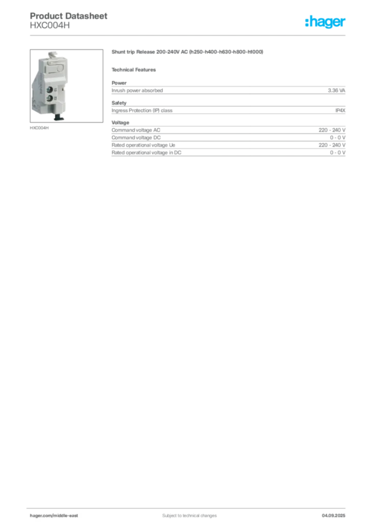 Image Hager Product data sheet HXC004H  | Hager