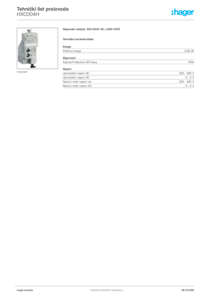 Slika Hager Product data sheet HXC004H  | Hager