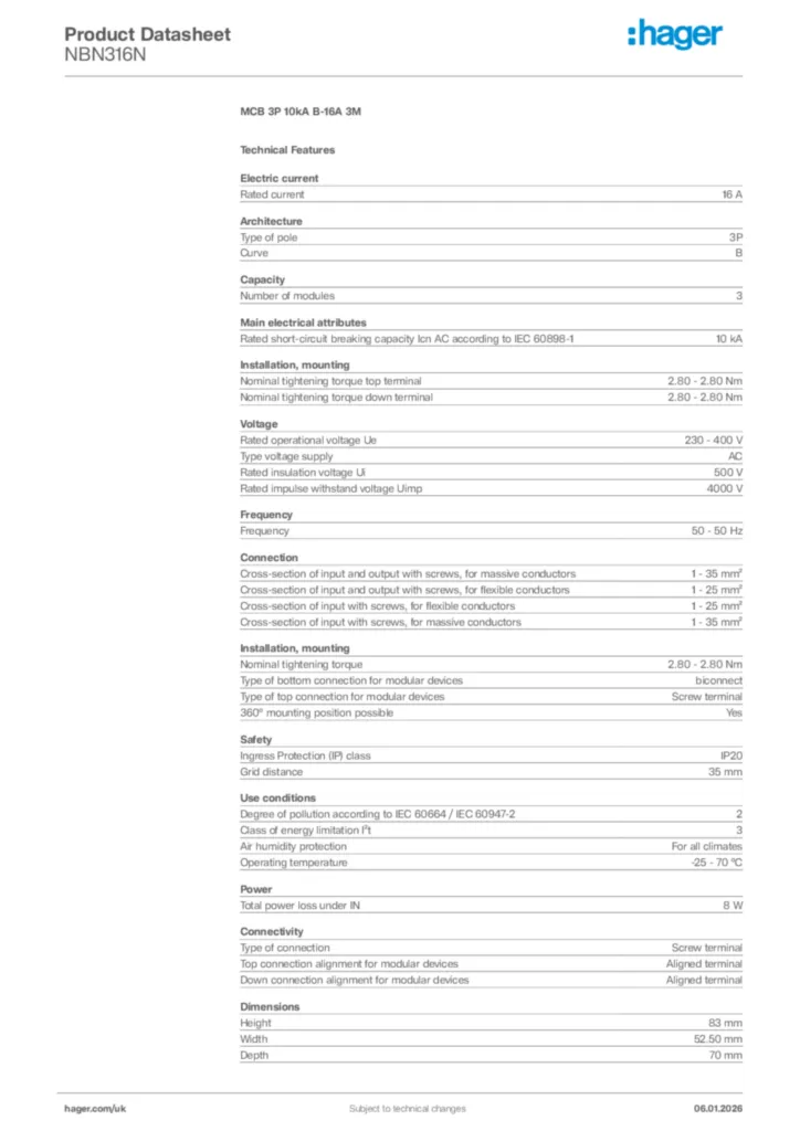 Image Hager Product data sheet NBN316N  | Hager