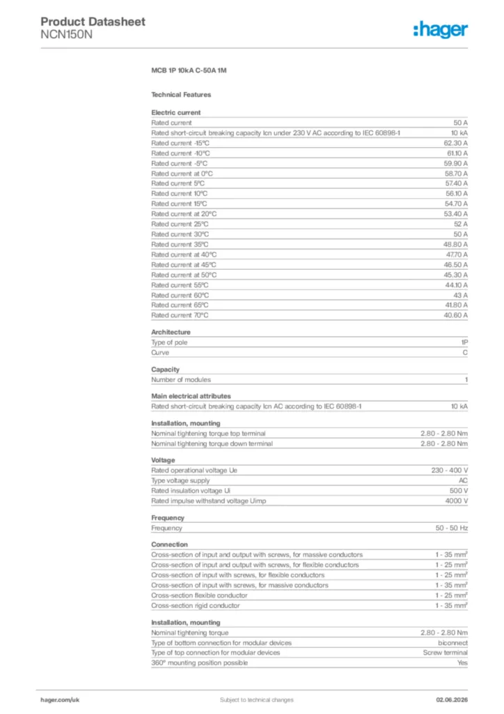 Image Hager Product data sheet NCN150N  | Hager