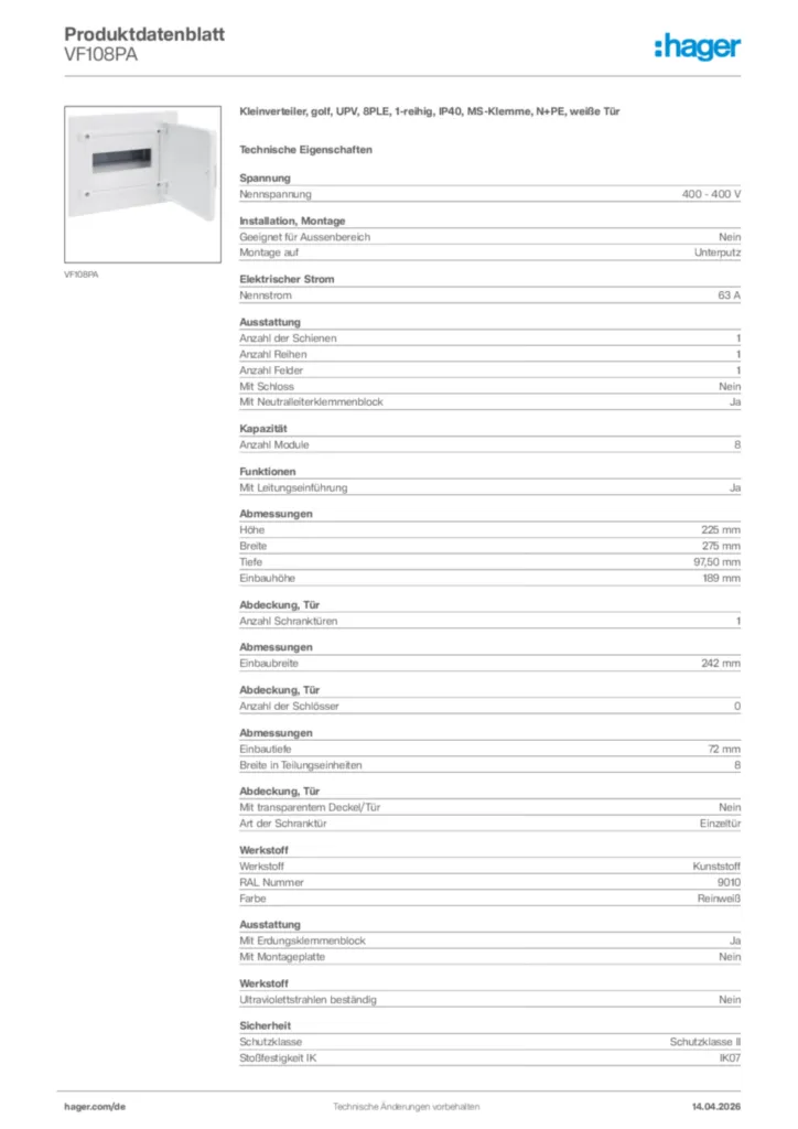 Bild Hager Produktdatenblatt VF108PA | Hager Deutschland