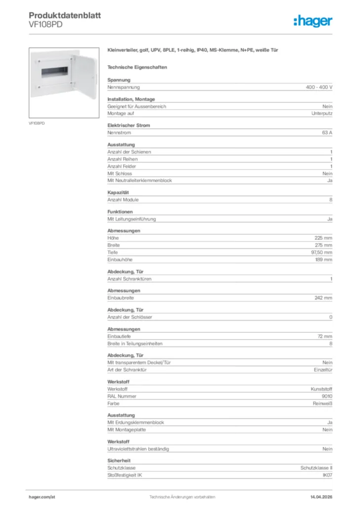 Bild Hager Produktdatenblatt VF108PD | Hager Deutschland