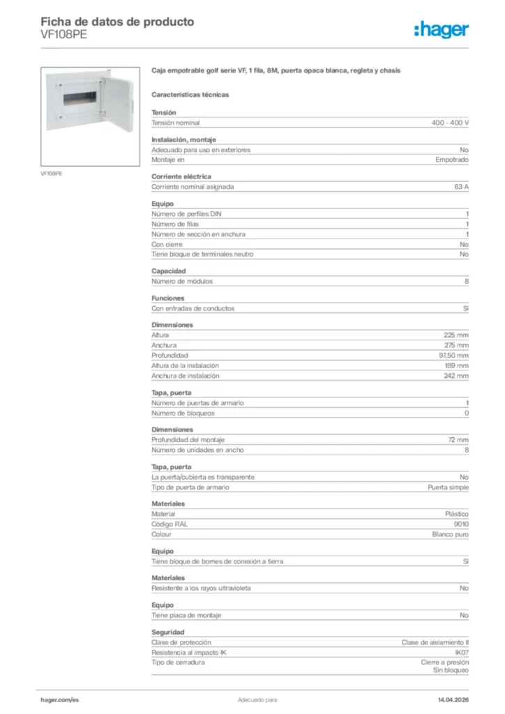 Imagen Hager Ficha de datos de producto VF108PE | Hager España