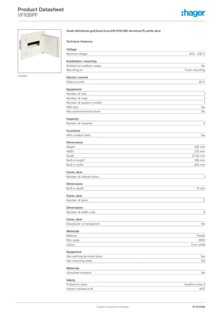 Image Hager Product data sheet VF108PF  | Hager Africa