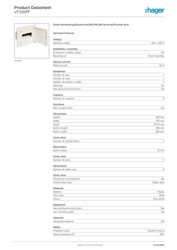 Image Hager Product data sheet VF108PF  | Hager Africa