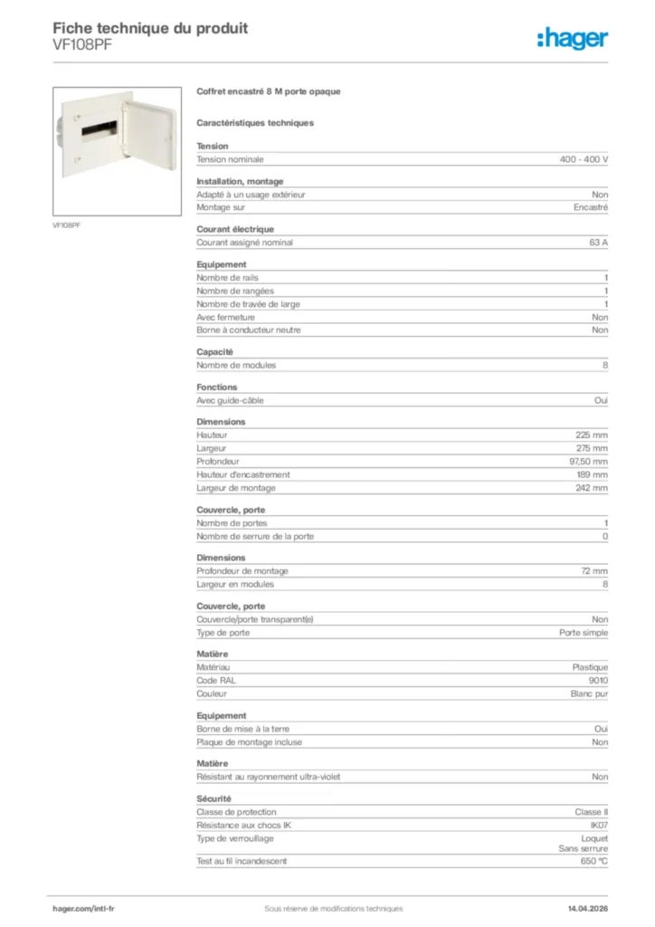 Image Hager Fiche technique du produit VF108PF | Hager Afrique