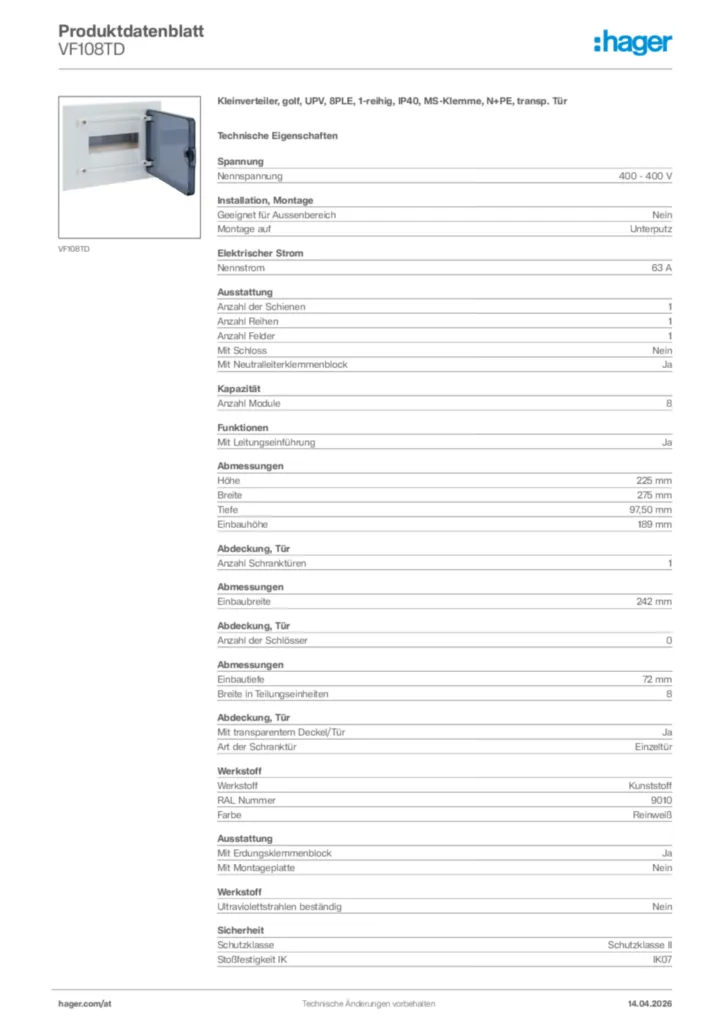 Bild Hager Produktdatenblatt VF108TD | Hager Deutschland