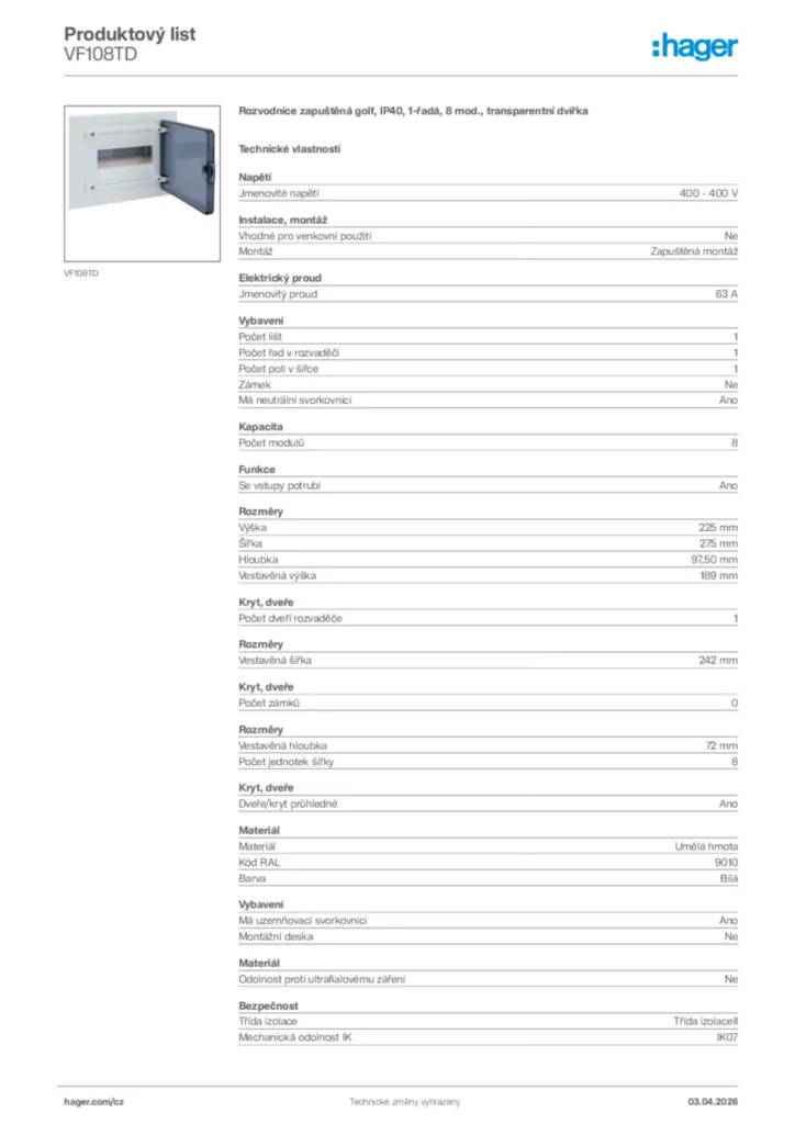 Obrázek Hager Product data sheet VF108TD | Hager