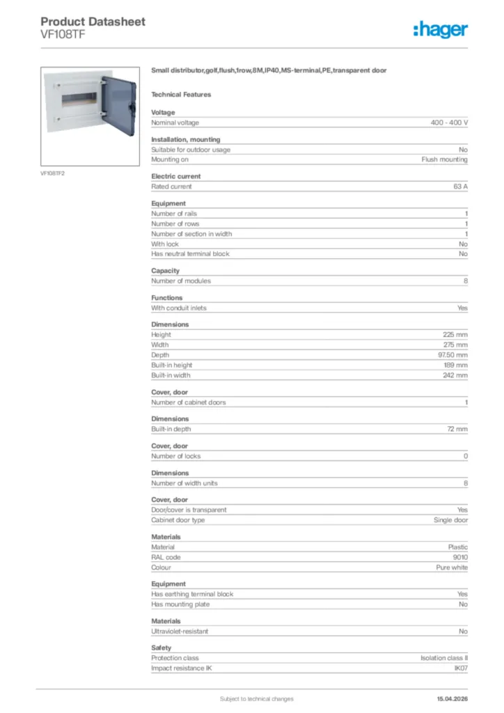Image Hager Product data sheet VF108TF  | Hager Africa