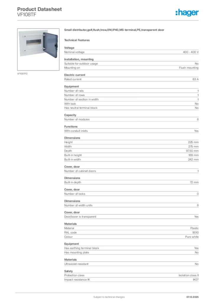 Image Hager Product data sheet VF108TF  | Hager