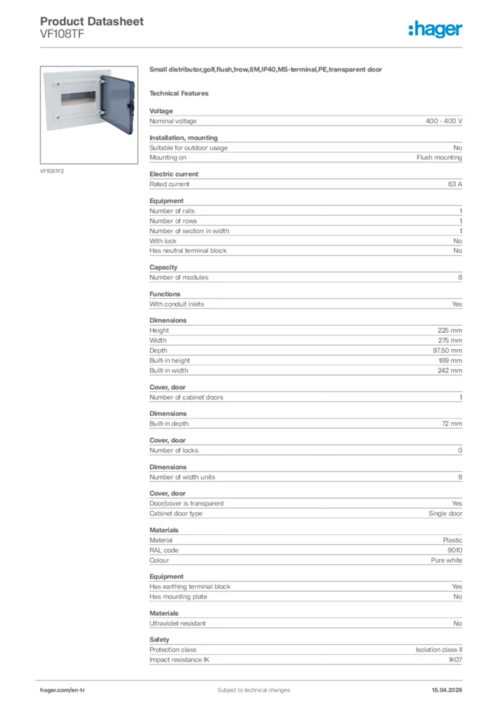 Image Hager Product data sheet VF108TF  | Hager