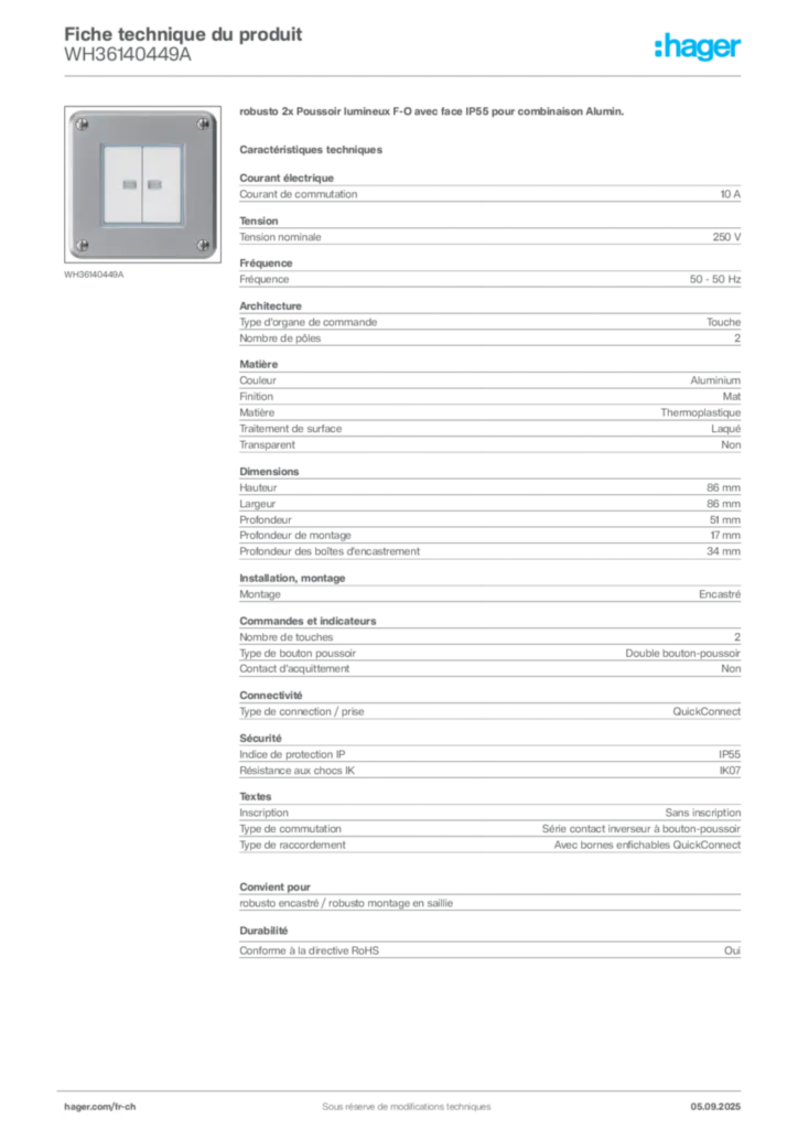 Image Hager Fiche technique du produit WH36140449A | Hager Suisse