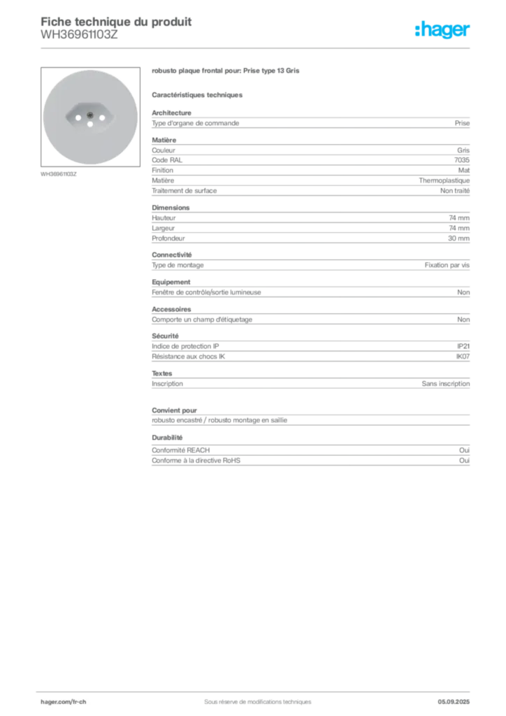 Image Hager Fiche technique du produit WH36961103Z | Hager Suisse