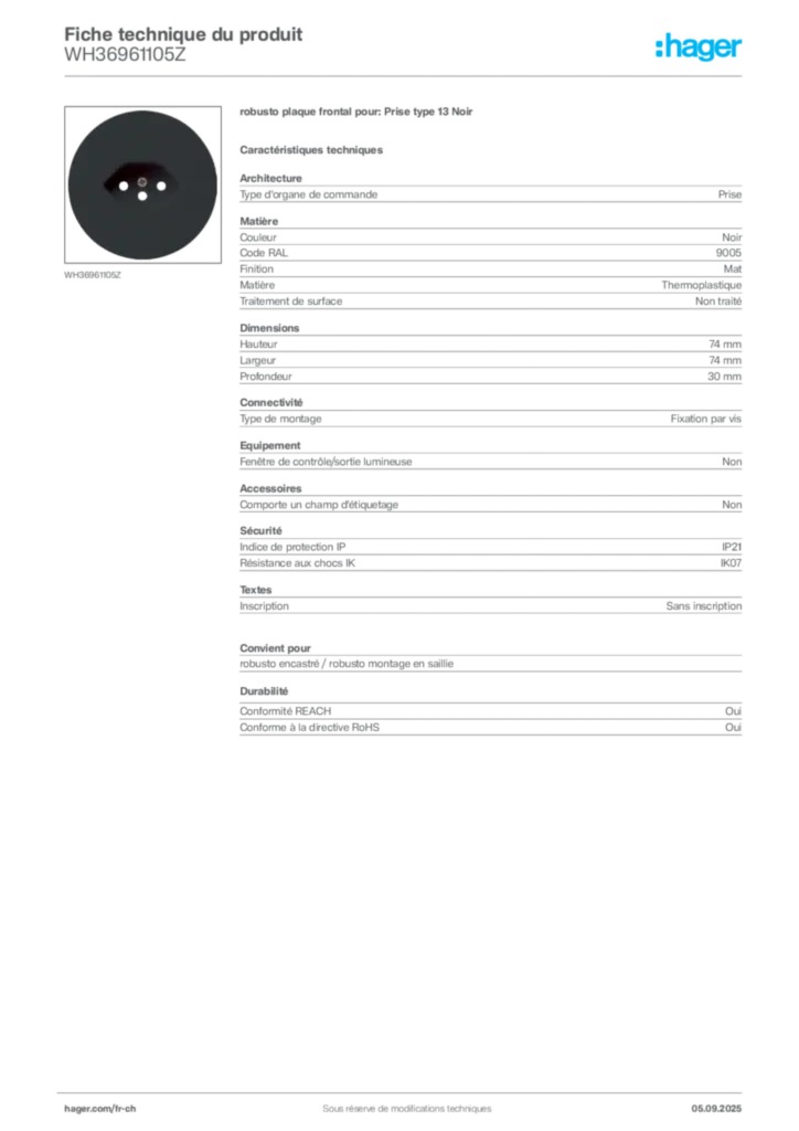 Image Hager Fiche technique du produit WH36961105Z | Hager Suisse