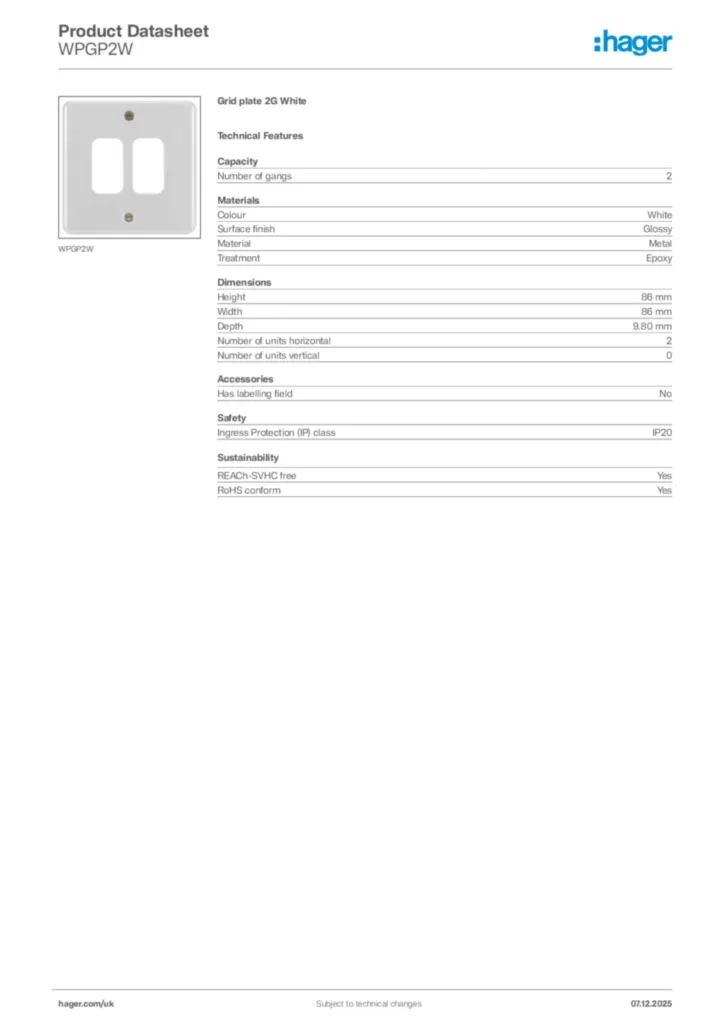 Image Hager Product data sheet WPGP2W  | Hager