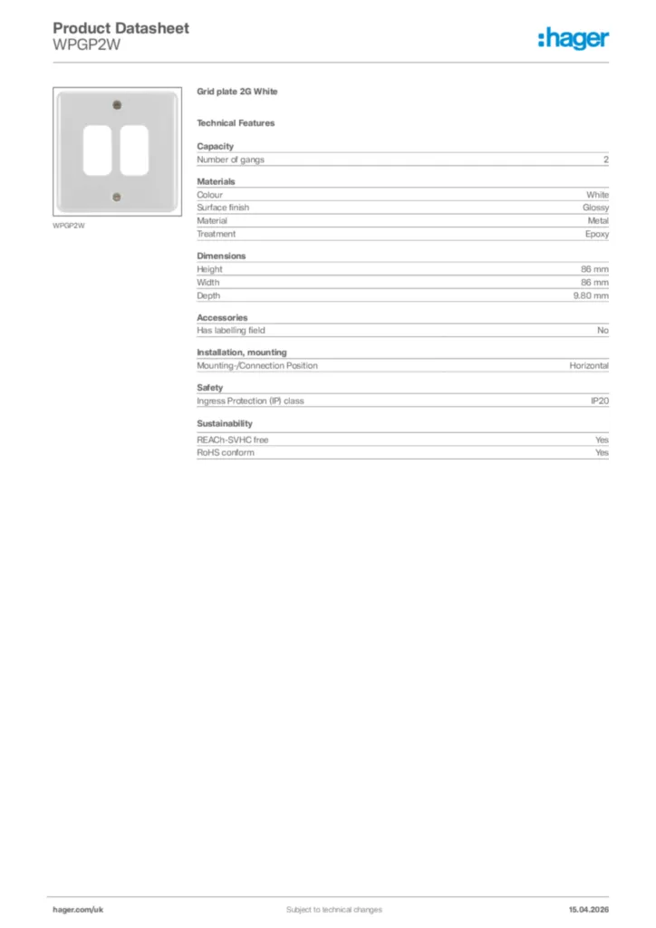 Image Hager Product data sheet WPGP2W  | Hager