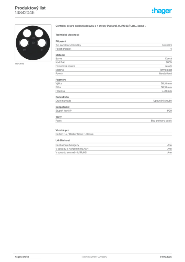 Obrázek Hager Produktový list 14842045 | Hager