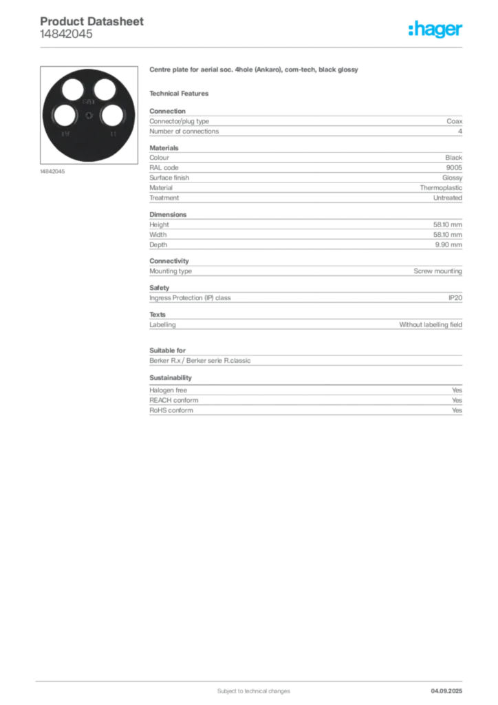 Image Hager Product data sheet 14842045  | Hager