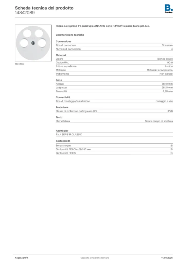 Immagine Berker Scheda tecnica del prodotto 14842089 | Hager Italia