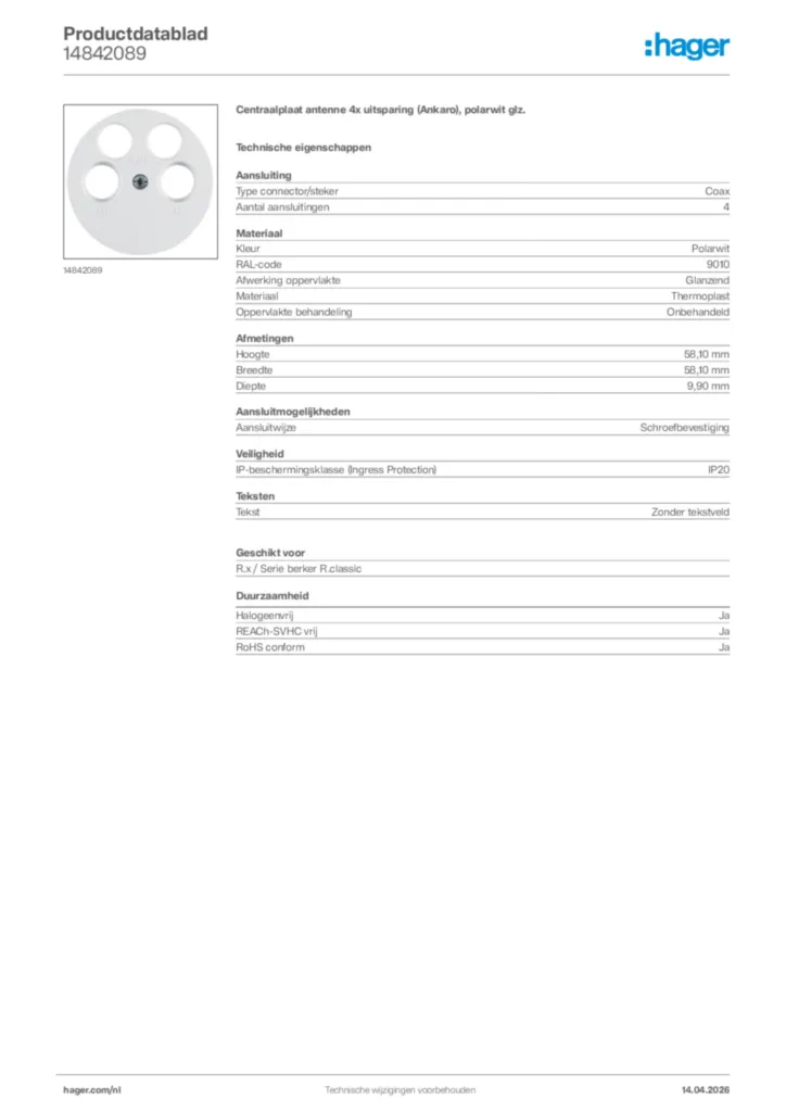 Afbeelding Hager Productdatablad 14842089 | Hager Nederland