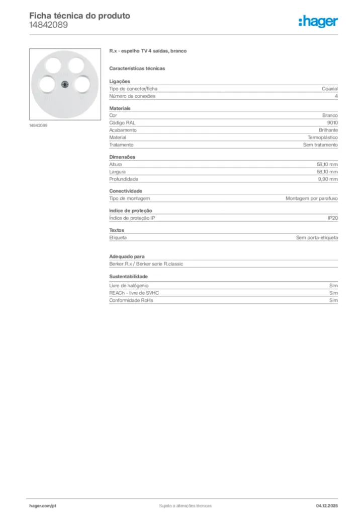 Imagem Hager Ficha técnica do produto 14842089 | Hager Portugal