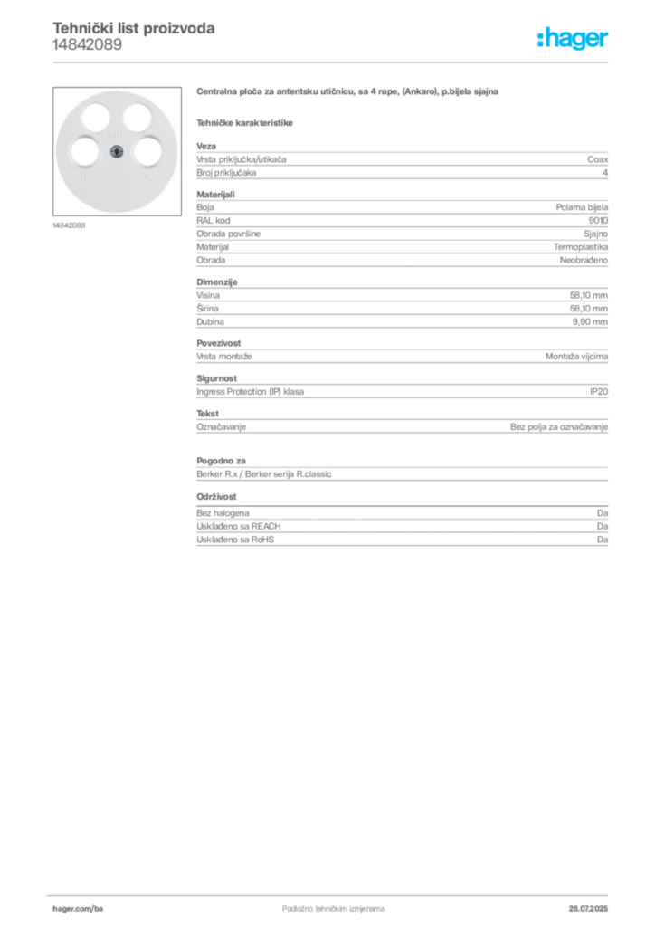 Slika Hager Product data sheet 14842089  | Hager